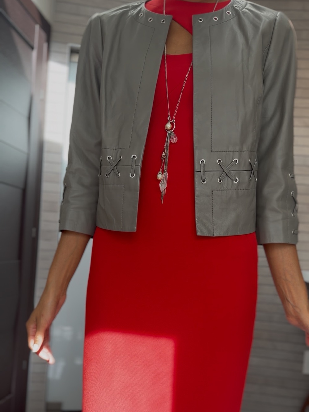 Worth Light Gray Leather Grommet & Lace-Up Jacket